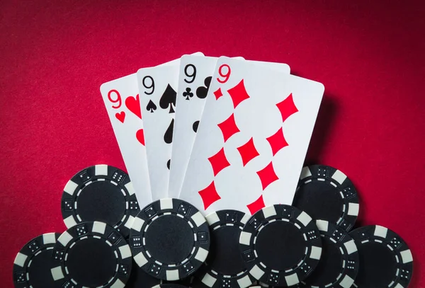 Winning Poker Combination Four Kind Quads Chips Cards Red Table — Stock Photo, Image