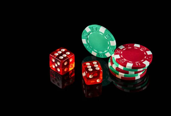Poker Dice Black Background Chips Craps Club Game Concept — Stock Photo, Image