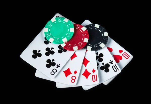 Poker Game Full House Full Boat Combination Chips Cards Black — Stock Photo, Image