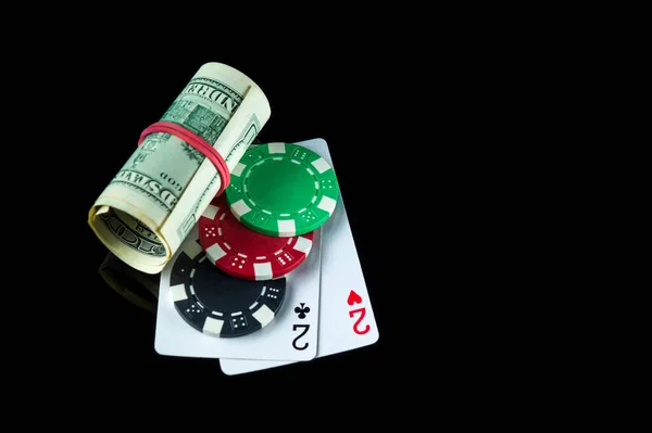 Poker Game One Pair Combination Money Chips Cards Black Table — Stock Photo, Image