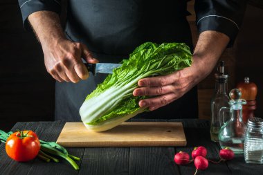 Aşçı ya da aşçı taze Napa lahanasını bıçakla kesiyor. Antika mutfak masasında salata için taze sebzelerle birlikte. Yemek ve restoran veya kafe konsepti