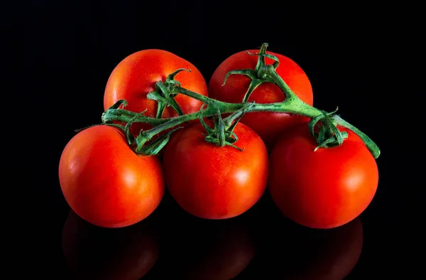 Tomates Cereja Com Raminho Isolado Fundo Preto — Fotografia de Stock