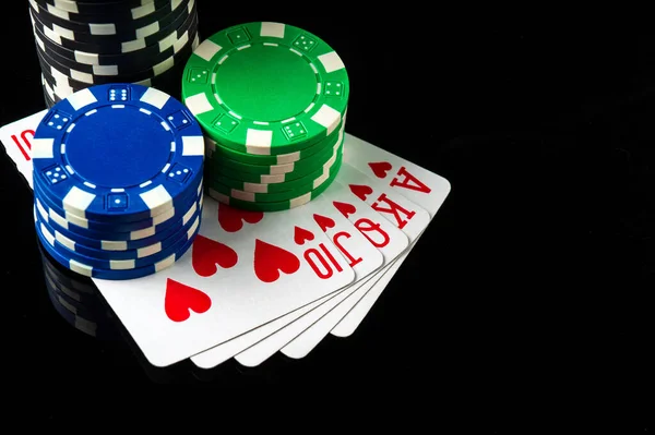 Poker Game Royal Flush Combination Chips Cards Black Table Successful — Stock Photo, Image