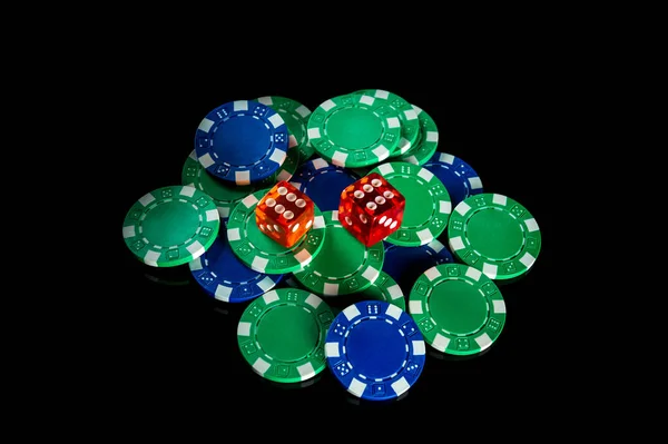 Dice Winning Combination Poker Chips Black Table Idea Poker Game — Stock Photo, Image