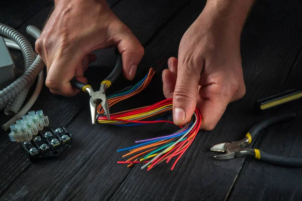 Repair of electrical equipment in the workshop of a master electrician. Close-up of the hands of professional master during work