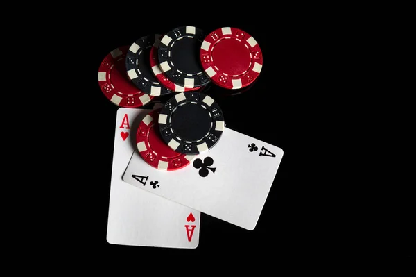 Poker Game One Pair Combination Chips Cards Black Table Poker — Stock Photo, Image