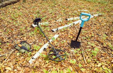 A metal detector lies on the ground among fallen leaves in a forest. Nearby, a shovel and a digging tool are ready for exploration.