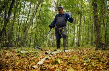 Bir adam, yapraklarla dolu ağaçlık bir alanda metal dedektör kullanıyor. Sonbahar yaprakları onu sararken gizli nesneleri bulmaya odaklanmış. Sahne doğayı ve keşfi yakalar..