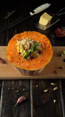 Peynir, bitki ve baharatla dolu bir balkabağı içeren canlı bir yemek hazırlama, ahşap bir kesim tahtasına yerleştirilmiş, mutfak gereçleri ve malzemeler kırsal mutfak arka planında görünür.