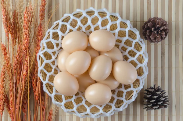 Uovo di Pasqua in un cesto con cono e orzo . — Foto Stock