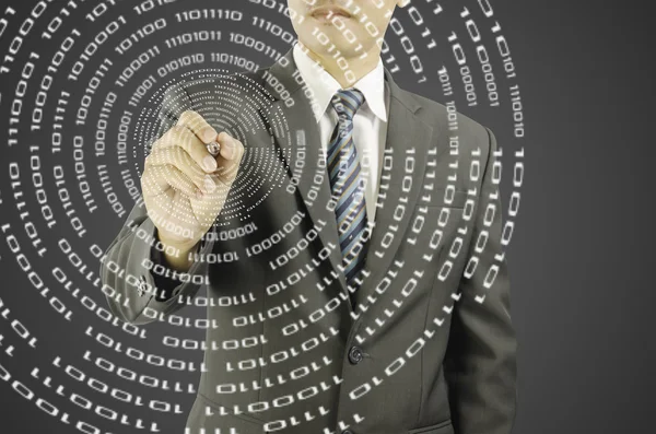 Businessman pointing pen at the computer language — Stock Photo, Image