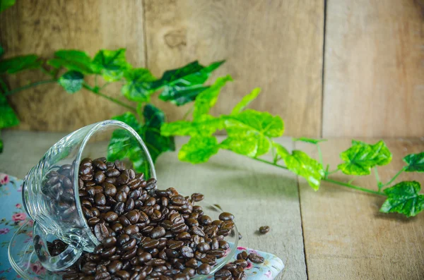 Kaffeebohnen mit Tasse auf Holztisch — Stockfoto