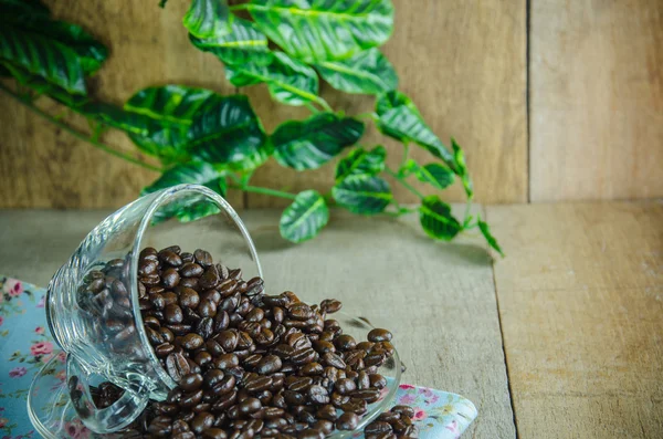 Granos de café con taza en la mesa de madera — Foto de Stock