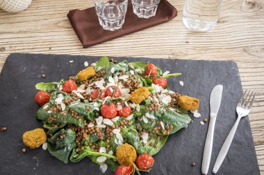 Lezzetli salata falafels, mercimek ve pişmiş domates ile