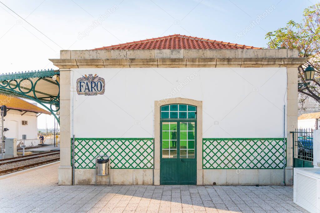The traditional white building of train station in Faro, Algarve, Portugal