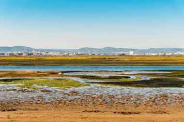 Faro şehri, Faro Sahili Yarımadası 'ndan Ria Formosa' nın sulak alanları ile Algarve, Portekiz arasında görüldü.