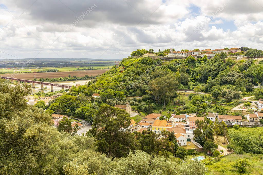 Skyline of Santarem with the Tagus river and castle on the hill, Santarem, Portugal