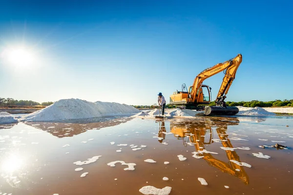 2021年8月20日 葡萄牙法罗 在天然盐水中使用黄色挖掘机收获海盐 — 图库照片
