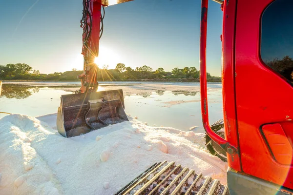 Rode Bulldozer Die Zeezout Uit Vijver Oogst Een Hoop Zout — Stockfoto