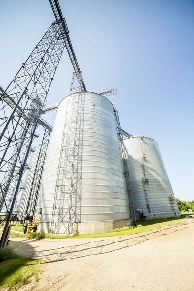 Silver, shiny agricultural silos — Stock Photo, Image