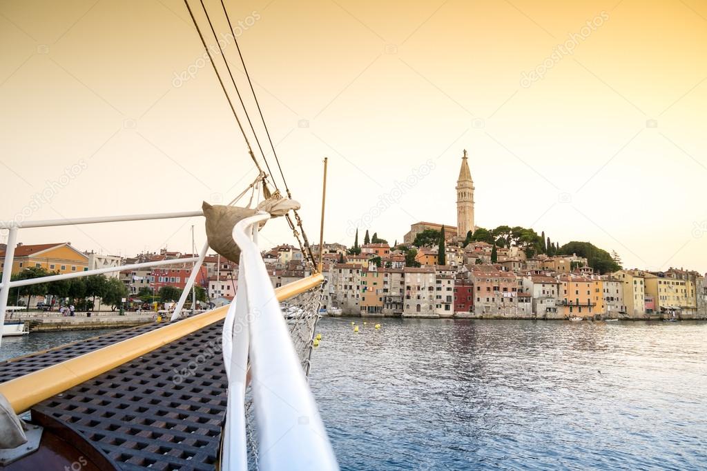 Sail boat and charming Rovinj, Croatia