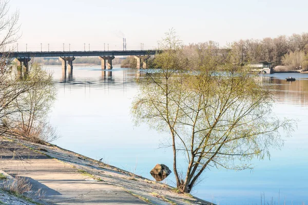 Fragment Rusanovsky Bay Dnieper River Kiev Ukraine View Paton Bridge — Stock Photo, Image