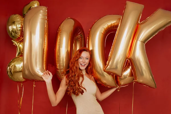 Inspired European Long Haired Woman Dressed Shine Dress Holding Balloons — Stock Photo, Image