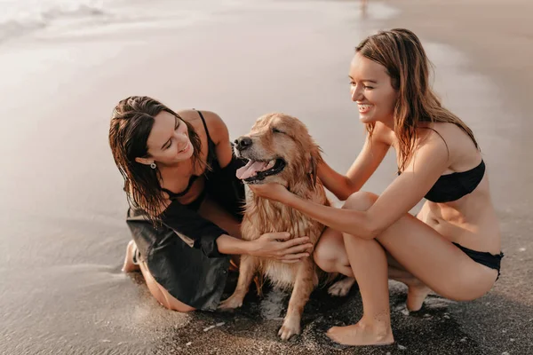 Dua Gadis Cantik Pantai Dekat Laut Bermain Dengan Anjing Saat — Stok Foto
