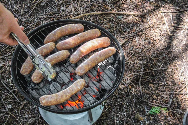 Hot Bbq Grill Ribs Bratwurst Sausages Close Top View Dalam — Stok Foto