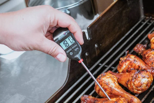 Gatineau, Quebec Kanada - 18 Temmuz 2020: Güneşli bir günde karideslerle birlikte bir barbekü sırasında tavuğun doğru pişirildiğini kontrol eden bir gıda termometresi. Hava termometresi