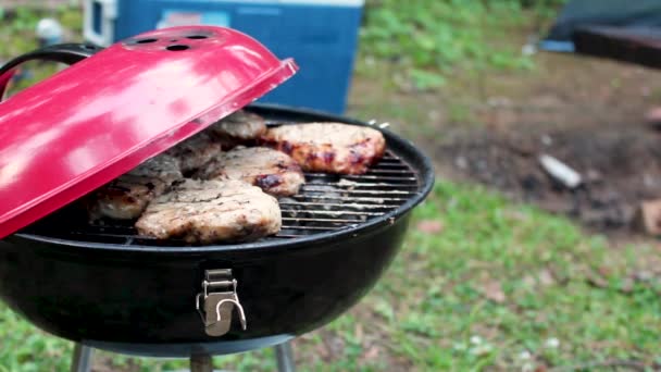 Cuisson Viande Sur Barbecue Rond Rouge Grill Fermeture Couvercle Bbq — Video