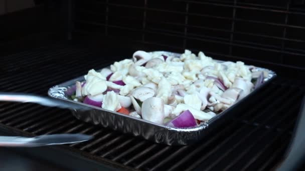 Grilled vegetables on a grilled plate, outdoor. Grilled food, bbq — Stock Video