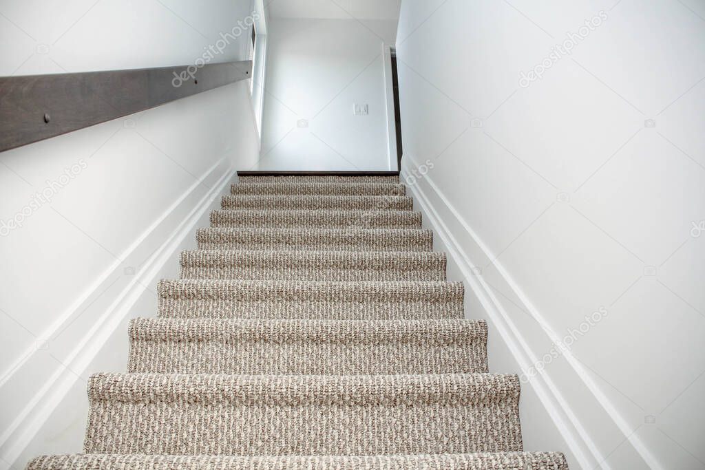 Staircase in the modern house with brown carpet, walk through ground floor