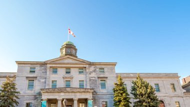 Montreal QC, Kanada - 22 Ekim 2022: Montreal 'deki McGill Üniversitesi ağaçlar ve açık mavi gökyüzü ile çevrili tarihi bir mimariye sahiptir.