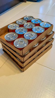 Ottawa On, Kanada - 07 Eylül 2025: Karton ambalajda kedi ıslak yiyecek kutuları yığını, çeşitli aromalar ve parlak renkler, evcil hayvan besinleri için ideal