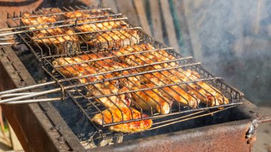 Terbiye edilmiş et ve sebze şişleri barbeküde ızgara yapıyor. Duman yükseliyor ve açık hava yemek atmosferi lezzetli tatları vurguluyor.