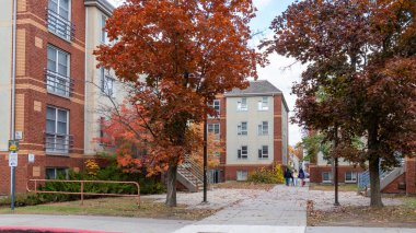 Ottawa ON, Kanada - 25 Ekim 2025: uOttawa Üniversitesi yatakhaneleri renkli sonbahar ağaçları ile çevrili, öğrenciler avluda yürüyor, canlı bir kampüs sahnesi yaratıyorlar.