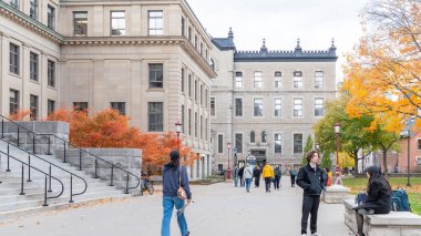 Ottawa ON, Kanada - 25 Ekim 2025: Uttawa Üniversitesi 'nde öğrencilerin renkli sonbahar ağaçları ve tarihi binaların arasında yürüdüğü manzara canlı bir kampüs atmosferi yaratıyor