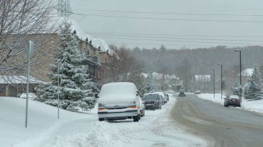 Gatineau QC, Kanada - 30 Kasım 2025: Kar fırtınası, park halindeki arabaların ve karla kaplı ağaçların oluşturduğu bir yerleşim bölgesini örtüyor.
