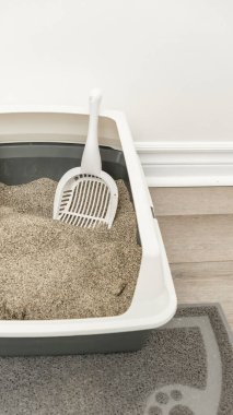 Gri kumla dolu kedi kumu kutusu ve içinde dinlenen beyaz bir kepçe. Kapalı bir yerde derli toplu bir paspasın üzerine yerleştirilmiş.