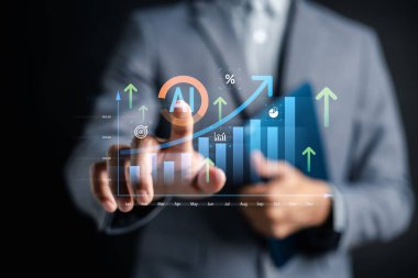 Artan grafikler, veri grafiği ve yatırım simgeleriyle yapay zeka borsası büyüme analizi. finansal teknoloji, makine öğrenimi, akıllı ticaret ve ekonomik tahminler.