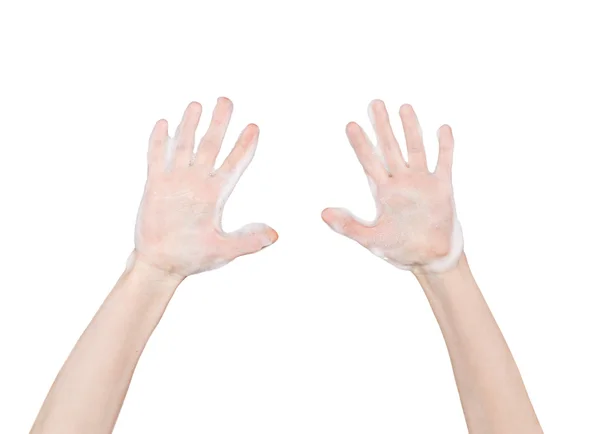 Mãos femininas amarradas isoladas em branco . Fotografia De Stock