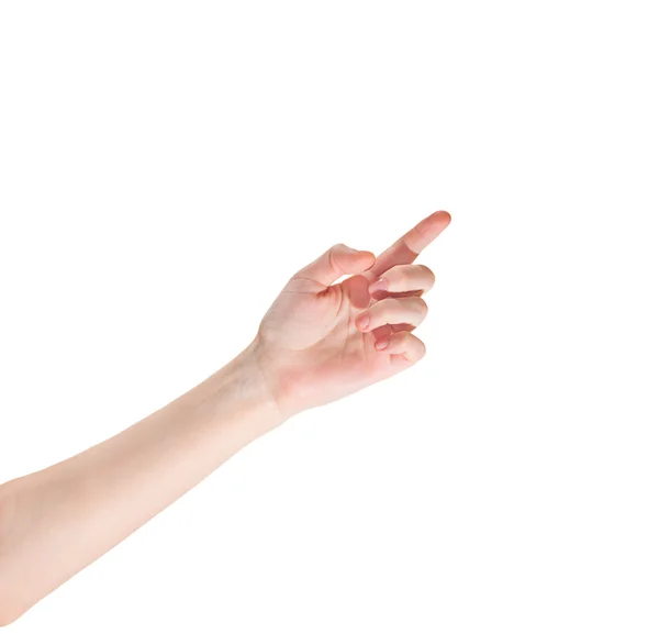 Weiße Frauenhand mit erhobenem Zeigefinger und Zeigefinger, iso — Stockfoto