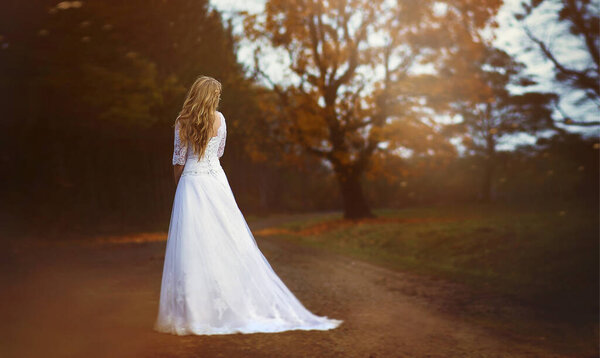 Bride in the park is a beautiful long wedding dress turned back. the photo has a fabulous finish after shooting. selective focus