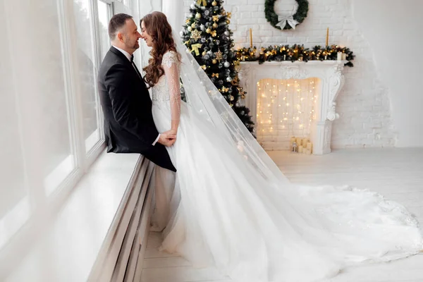 Young Couple Love Bride Groom Posing Studio Background Decorated Christmas — Stock Photo, Image