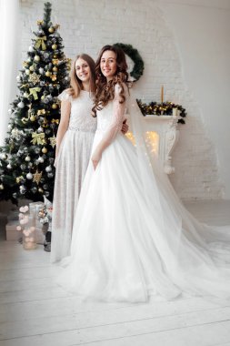 Lüks gelinlik içinde güzel bir gelin ve süslü Noel stüdyosunda güzel bir nedime. Noel 'de sıkışmak.