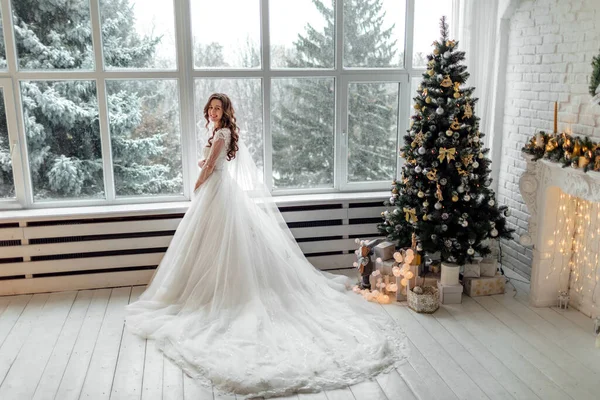 Luxury bride in wedding dress for Christmas near the large panoramic window. Luxury bride in wedding dress for Christmas. Charming bride in an elegant wedding dress. Bride in luxurious suites