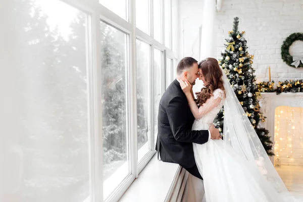 Young Couple Love Bride Groom Posing Studio Background Decorated Christmas — Stock Photo, Image