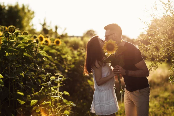 ひまわり畑で楽しんでいる美しいカップル 男と女がひまわり畑を歩いていると 男は女を抱きしめる 選択的焦点 — ストック写真