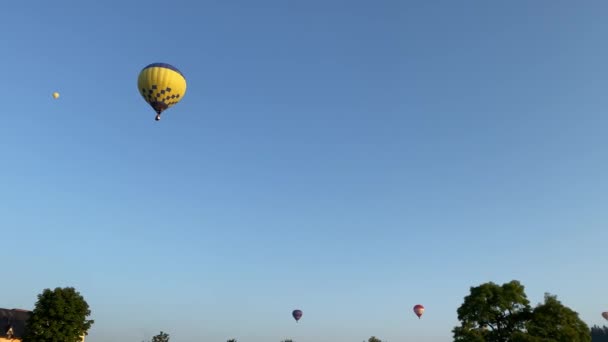 Barevné horkovzdušné balóny létají ve slunečném ránu nad zeleným parkem. Manévrovatelný let. Cestování, dobrodružství, festival. — Stock video